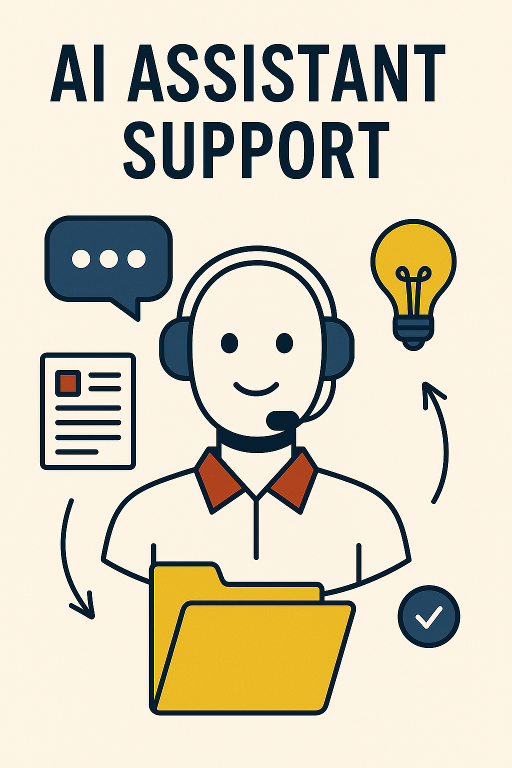 Flat-style illustration of a digital assistant with headset, document, lightbulb, and chat icons, representing 24/7 AI support for insurance agents.